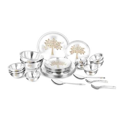 SNB Classic Essentials Hight Grade Stainless Steel Double Walled With Permanent Vriksha Laser Design Dinner Set 40Pcs-DS-12