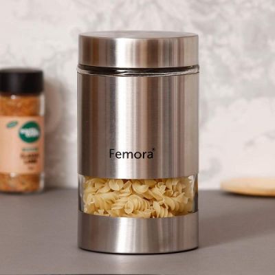 Femora Silver 1000ml Clear Glass Steel Metallic Jar