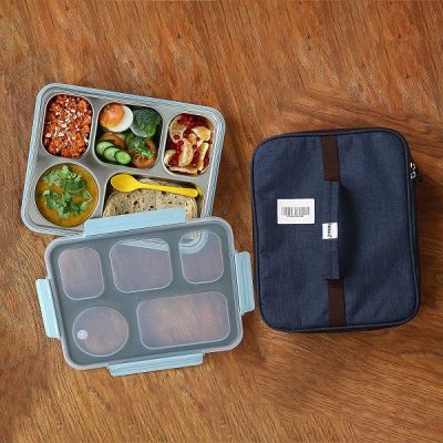 Femora Silver High Steel Rectangle Lunch Box Container with Bag
