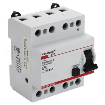 Indoasian Caretron 25A RCCB 100mA White Four Pole Circuit Breakers with Fuses -810162