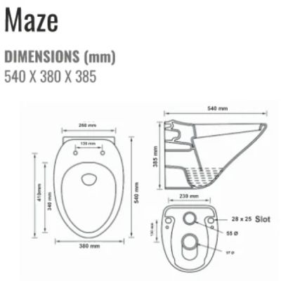 Jaaz Maze 540X380X385 mm White Wall Hung EWC Closet with Rack Bolt