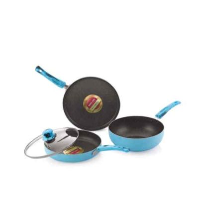 Nirlon Blue Sea Set Flat Tawa & Fry Pan & Deep Kadai With Glass Lid Non Stick Cookware BLUE-SEA-SET