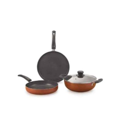 Nirlon Brownie Granite Set Dosa Tawa & Fry Pan & Deep Kadai With Glass Lid & 3 Nylon Spoon Non Stick Cookware BROWNIE-GRANITE-SET