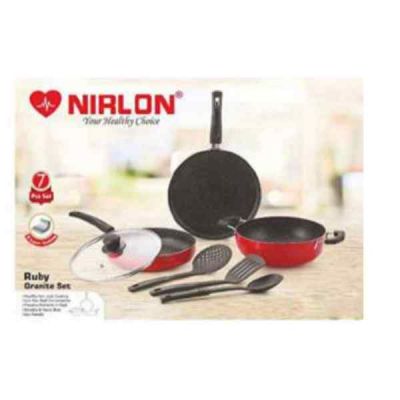 Nirlon Ruby Granite Set Dosa Tawa & Fry Pan & Deep Kadai With Glass Lid & 3 Nylon Spoon Non Stick Cookware RUBY-GRANITE-SET